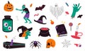 Halloween collection. Cute spooky cartoon elements flat style, scary funny characters for october party poster holiday Royalty Free Stock Photo