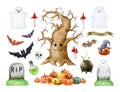 Halloween collection decorative scary elements painted set. Hand drawn ghost, pumpkin, bat, potion, grave and old thick Royalty Free Stock Photo