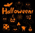 Halloween collection. Jack pumpkin, ghost, bat and web, grave, skull, potion, cat and magic fly agaric. Vector linear Royalty Free Stock Photo