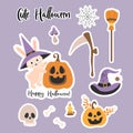 Halloween collection vector stickers. Cute rabbit character in witch hat with lantern pumpkin Jack, cobweb, skull, witch