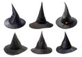 Halloween collection of witch\'s hats made of black fabric, isolated on white background Royalty Free Stock Photo