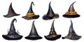 Halloween collection of witch\'s hats, realistic illustrations is