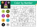 Halloween color by number game with a funny witch. Spooky coloring page for kids