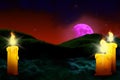 Halloween colorful creepy dark texture - lone candle on the left and two candles on right side, trick or treat concept -