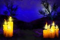 Halloween colorful cute dark texture - set of candles on left and many candles on the right, holiday concept - background design