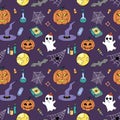 Halloween colorful doodle pattern. Vector seamless background with autumn holiday symbols jack lanterns, web, bat, witch hat. Royalty Free Stock Photo