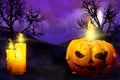 Halloween colorful horror night texture - background design template 3D illustration with set of candles on left side and candle Royalty Free Stock Photo