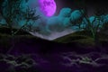Halloween colorful creepy dark night mockup - background design template 3D illustration with free space on left and free space on