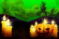 Halloween colorful haunting dark texture - set of candles on left and candle in pumpkin style on right, glowing candles concept -