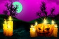 Halloween colorful scary dark night backdrop - background design template 3D illustration with set of candles on the left and Royalty Free Stock Photo