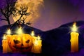 Halloween multi colored creepy night mockup - background design template 3D illustration with pumpkin candle on the left and lone Royalty Free Stock Photo
