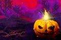 Halloween vivid haunting dark mockup - background design template 3D illustration with free space on left and candle in pumpkin