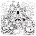 Halloween coloring book page. Coloring book page for adults or children. Halloween design fabulous house in the forest