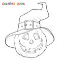 Halloween coloring book. Pumpkin in the hat.