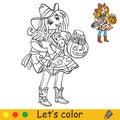 Halloween coloring with colored example cute cowgirl Royalty Free Stock Photo