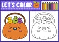 Halloween coloring page for children with cute kawaii pumpkin, sweets. Vector autumn holiday outline illustration. Color book for