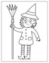 Halloween coloring page with a cute witch. Spooky print in cartoon style