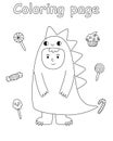 Halloween coloring page for kids. Cute children in costume dinosaur and sweets, lollipops, cupcakes. Printable worksheet Royalty Free Stock Photo