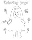 Halloween coloring page for kids. Cute children in costume ghost and sweets, lollipops, cupcakes. Printable worksheet