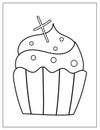 Halloween coloring page with spooky cupcake with cross on it. Creepy autumn dessert print for coloring book