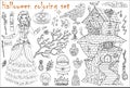 Halloween Coloring Set With Beautiful Witch Girl In Steampunk Dress, Crow And Scary House On White
