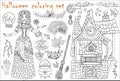 Halloween coloring set with beautiful witch girl whearing medieval gipsy costume, tarot cards, pumpkin, broom