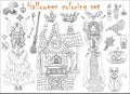Halloween coloring set with beautiful witch girls in costumes, scary house, cat and pumpkin