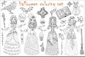 Halloween coloring set with beautiful witch girls in gipsy, medieval and steampunk costumes, scary witchcraft objects Royalty Free Stock Photo