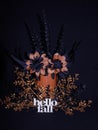 Halloween colors black and oranged flowers and sparkly orange and black leaves, hello Fall