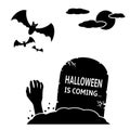 Halloween is coming concept. Gravestone with zombie hand and bats Royalty Free Stock Photo