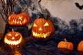 Halloween composition of burning pumpkin with bat. Cobwebs branches atmosphere