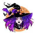 Halloween composition of witch in hat, bats and moon Royalty Free Stock Photo