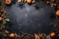 Halloween composition with copy space, postcard with pumpkins, spiders, cobwebs and autumn leaves on a concrete background