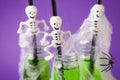 Halloween composition with festive drink, toxic green cocktail with scary party decor skeleton and spiders, spider web on Royalty Free Stock Photo