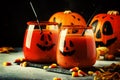 Halloween composition with festive red bloody drink and smiling