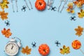 Halloween composition frame. Skeletons pumpkin spiders alarm clock autumn leaves. Decor on a blue background