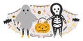 Halloween composition with funny spooky ghost and skeleton holding Jack-o`-lantern full of candies. Scene with creepy