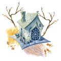 Halloween composition with a house, stains of color pencils and flora elements. Hand drawing Royalty Free Stock Photo