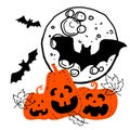 Halloween composition - orange smiling pumpkin full moon autumn leaves black bats silhouette. Hand drawn doodle card