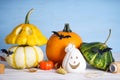 Halloween composition, pumpkins, dry leaves and bats on wooden background