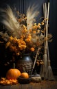 Halloween composition with pumpkins,flowers, autumnal leaves and broom