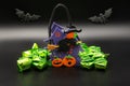 Halloween composition set with Candy Bags Cute Felt Pouches with Handles, Trick or Treat Goody Bags with Flying Witch, bats on Royalty Free Stock Photo