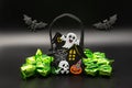 Halloween composition set with Candy Bags Cute Felt Pouches with Handles, Trick or Treat Goody Bags witch bewitched House, ghost,