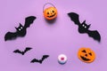 Halloween concept background. Top view of pumpkin basket,halloween pumpkin,and vampires with space for text. Halloween party