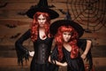 Halloween Concept - Beautiful caucasian mother and her daughter with long red hair in witch costumes with angry fussy