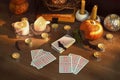 Halloween concept, black magic or fortune telling rite with occult and esoteric symbols