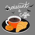 Halloween concept Coffee and croissant Cafe with script lettering. Coffee break Royalty Free Stock Photo