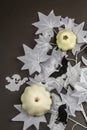 Halloween concept. Ghostly white maple leaves on a branch, pumpkins Royalty Free Stock Photo