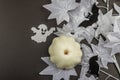 Halloween concept. Ghostly white maple leaves on a branch, pumpkins Royalty Free Stock Photo