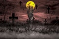 Halloween Concept Horror, night with resurrected zombie hands popping out of hell With moon floating in sky, Royalty Free Stock Photo